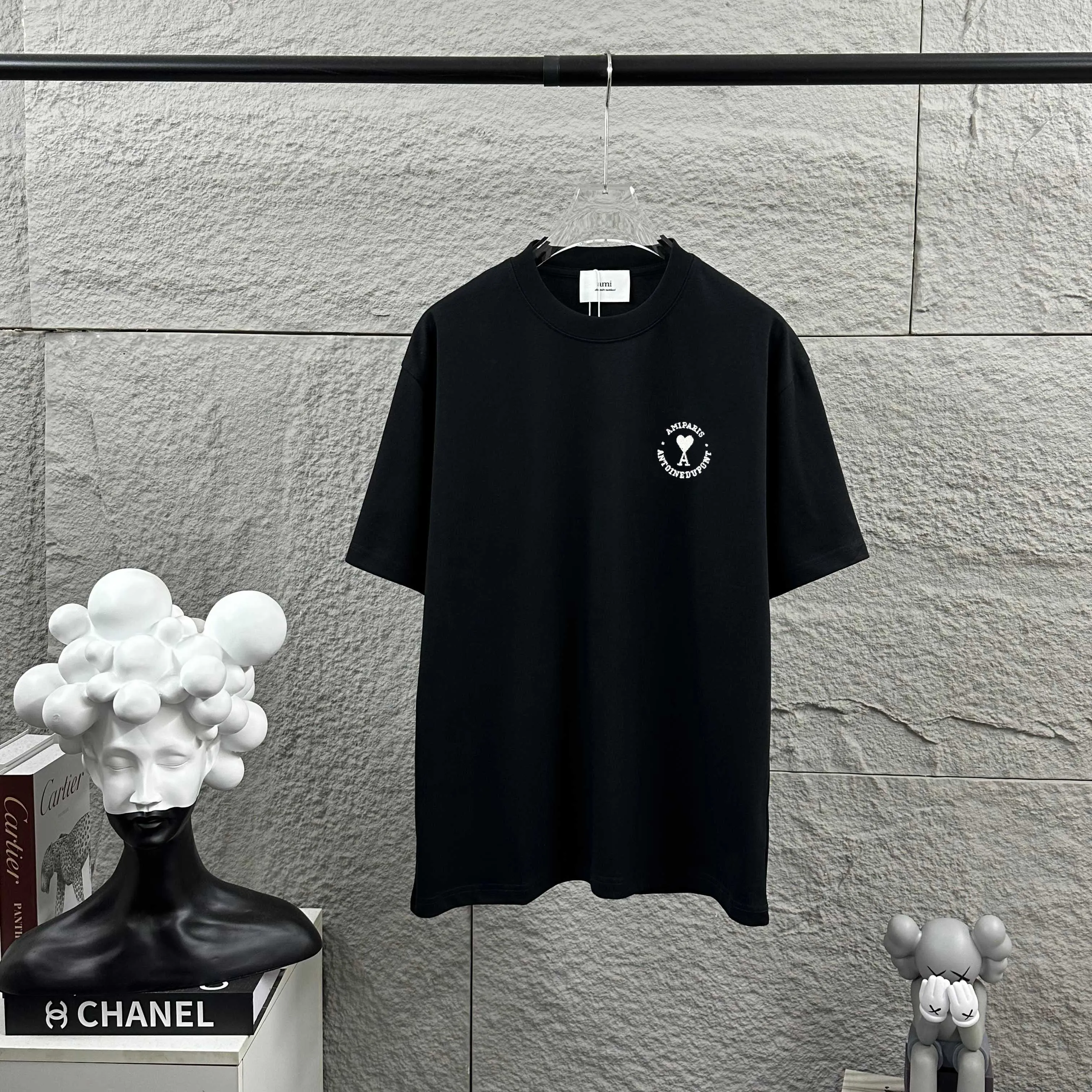 Ami Love 2026 Spring and Summer Style Classic simple three-dimensional embroidery small love personalized logo Customized double yarn plain cotton fabric Short-sleeved T-shirt Men and women Same Style Color: Black White Flower Gray Angola Red Size: S (90-130 pounds) M (120-150 pounds) L (140-165 pounds) XL (160-180 pounds) XXL (180-210 pounds)